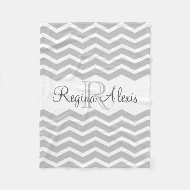 Manta Polar Nombre de monograma gris y blanco Keepsake Chevron (Anverso)