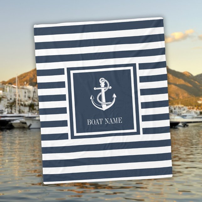 Manta Polar Nombre del barco de anclaje náutico con franja azu (Navy Blue Striped Nautical Anchor Boat Name Fleece Blanket)