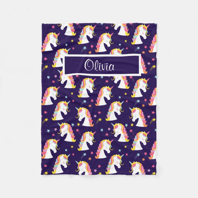 Manta Polar Nombre del bebé morado rosa de Unicorn (Anverso)