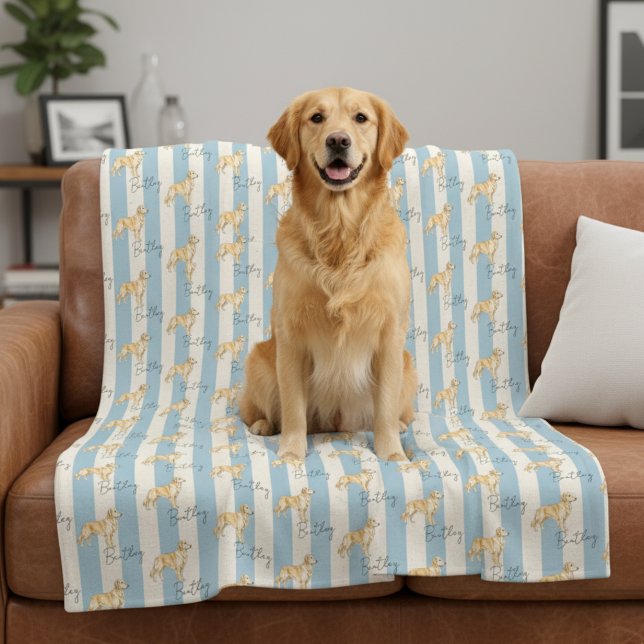 Manta Polar Nombre del Mascota del recuperador de oro de la ba (Get cozy with this "Custom Blue Stripe Golden Retriever Pet Name Fleece Blanket"! )