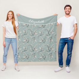Manta Polar Nombre Monograma Dusty Blue Floral Botánico Blanco