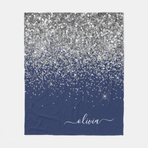 Manta Polar Nombre Monograma Glitter Azul Marino Plateado Feme