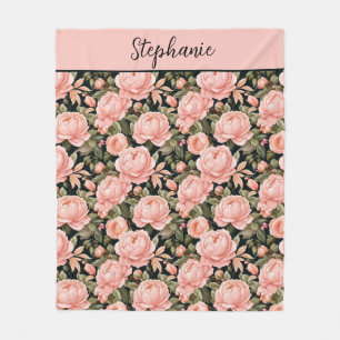 Manta Polar Nombre Monogramado Floral Flores Rosa Melocotón 