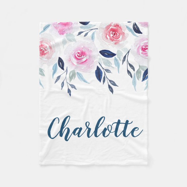Manta Polar Nombre personalizado acuarela rosada floral de los (Anverso)