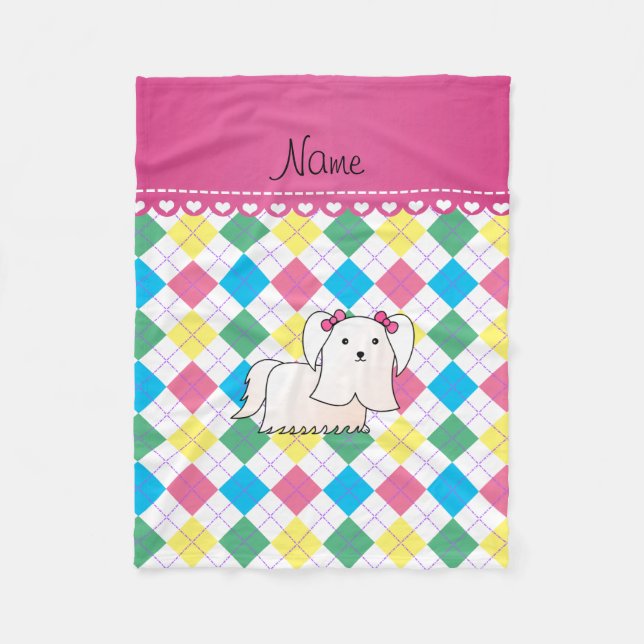 Manta Polar Nombre personalizado argyle arcoiris maltés (Anverso)