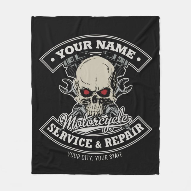 Manta Polar NOMBRE Personalizado Biker Mechanic Skull Motorcyc (Anverso)