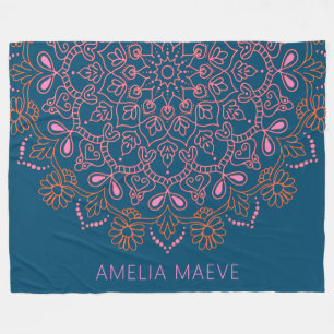 Manta Polar Nombre Personalizado Boho Mandala Floral Azul Rosa