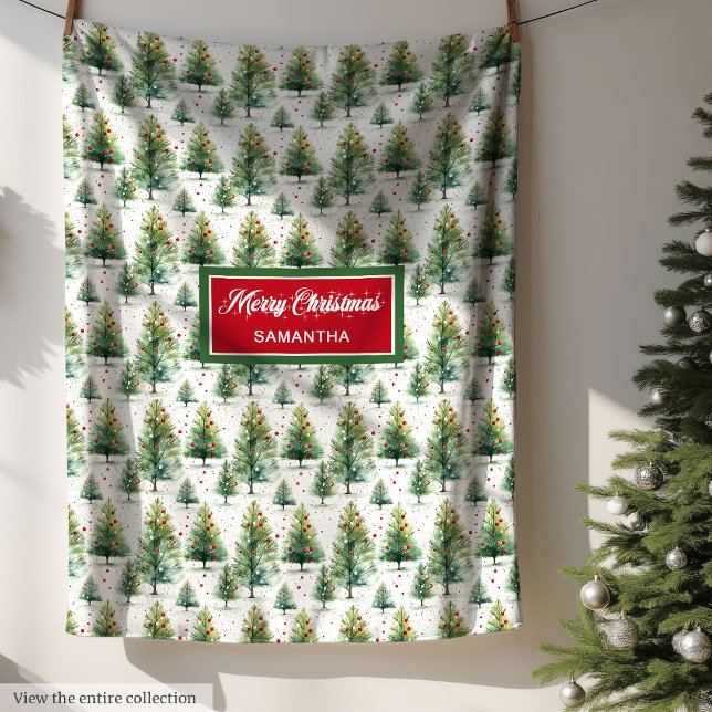 Manta Polar nombre personalizado de los árboles de navidad de  (Minimalist watercolor Christmas trees custom name Fleece Blanket)
