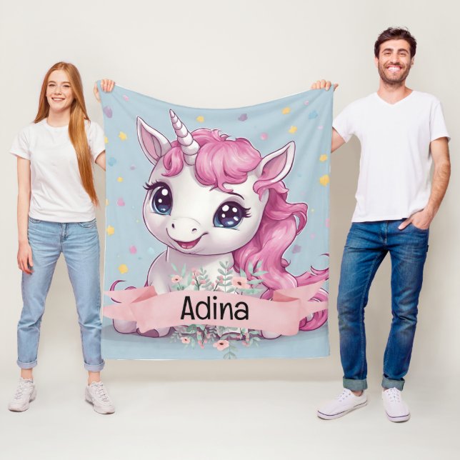 Manta Polar Nombre personalizado de Unicornio, bebé rosa mágic (In situ)
