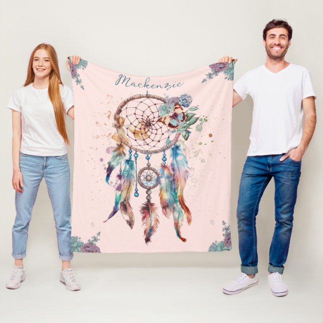 Manta Polar Nombre personalizado de Watercolor Boho Dreamcatch (In situ)