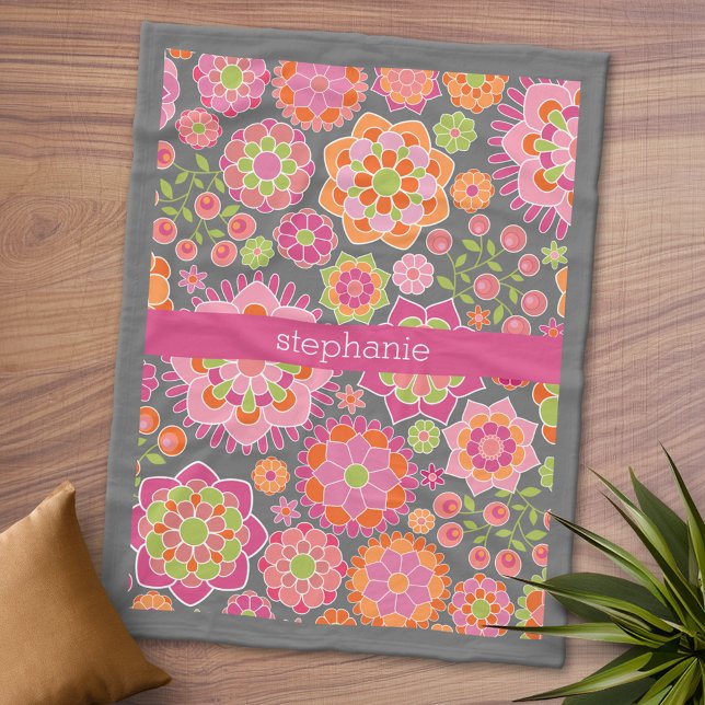 Manta Polar Nombre personalizado del patrón floral de primaver (Personalized Fleece Blanket - Add Photos and Text)