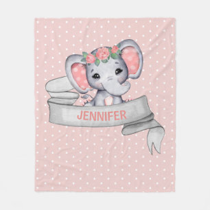 Manta Polar Nombre personalizado Elefante Niña Rosa y Gris