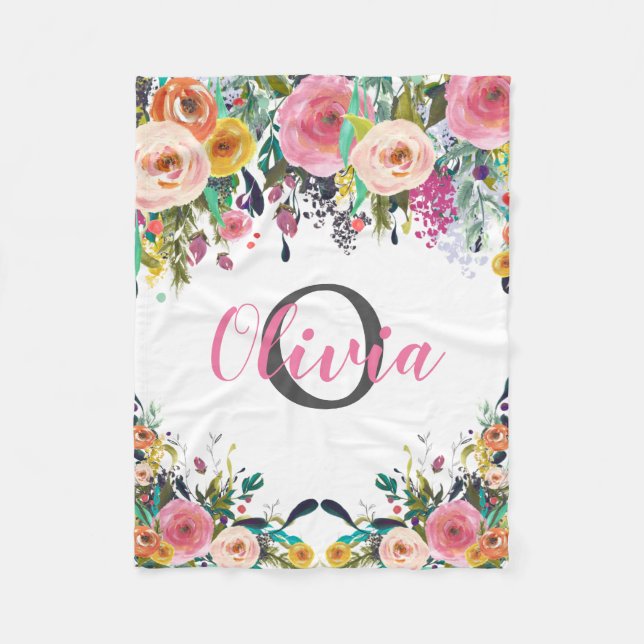 Manta Polar Nombre personalizado Monograma acuarela Floral (Anverso)