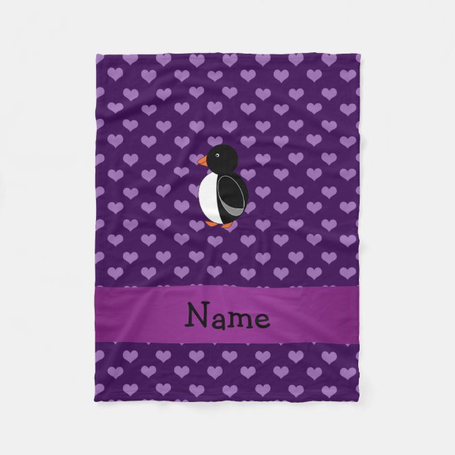 Manta Polar Nombre personalizado pingüino corazones púrpura (Anverso)