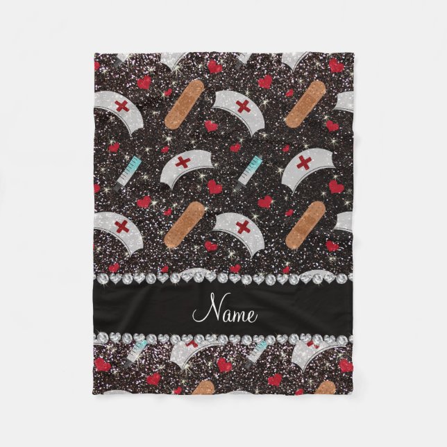 Manta Polar Nombre personalizado purpurina negro gorra de enfe (Anverso)