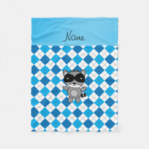 Manta Polar Nombre personalizado raccoon azul argyle blanco