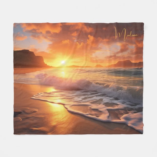 Manta Polar Nombre personalizado Sunset de playa tropical (Frente (Horizontal))