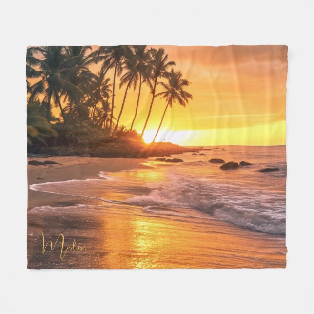 Manta Polar Nombre personalizado Sunset de playa tropical (Frente (Horizontal))