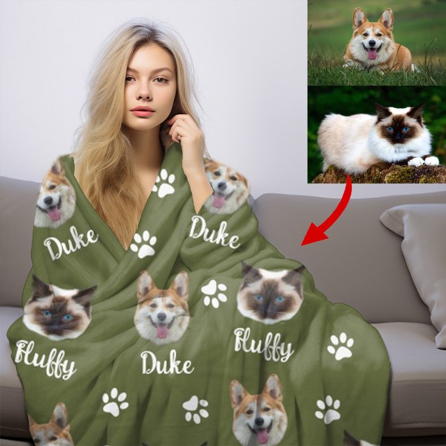Manta Polar Nombre y foto personalizado de gato y perro, verde (Subido por el creador)