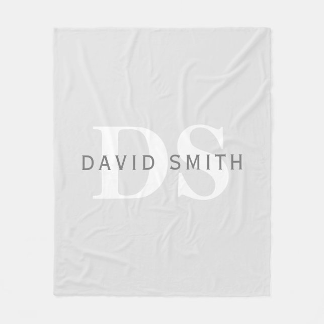 Manta Polar Nombre y monograma modernos | Blanco gris claro y  (Anverso)