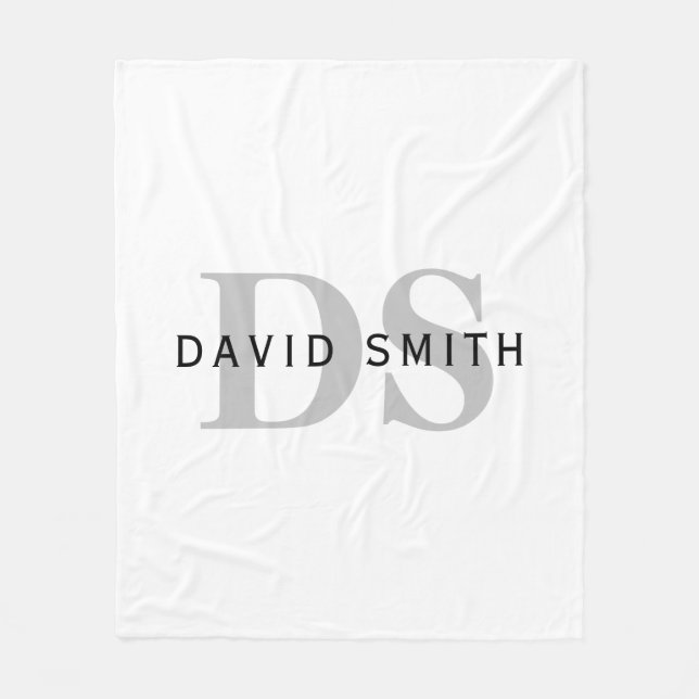 Manta Polar Nombre y monograma modernos | Blanco negro y gris (Anverso)