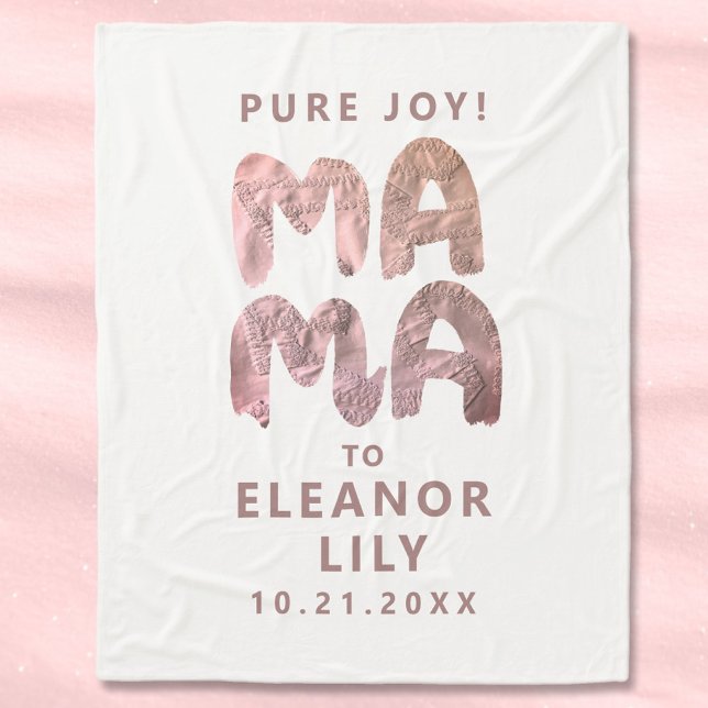 Manta Polar Nueva mamá Whimsical Nombre Blanco Rosa Fecha Reci (Mew Mama personalized gift)