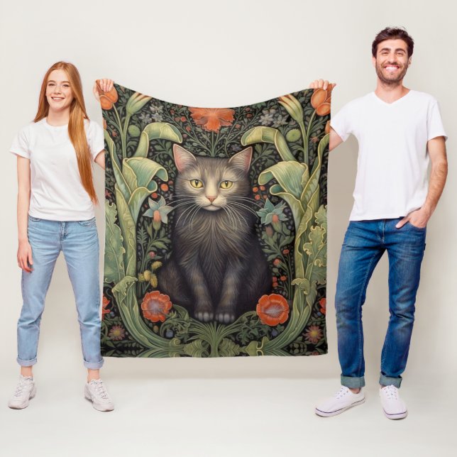 Manta Polar Nuevo arte gato negro y flores rojas (In situ)