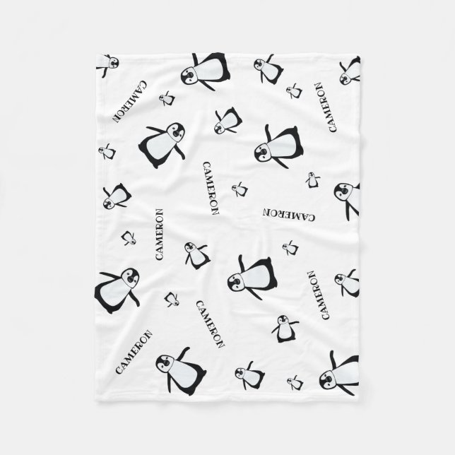 Manta Polar Nursera personalizada Pingüino blanco y negro (Anverso)