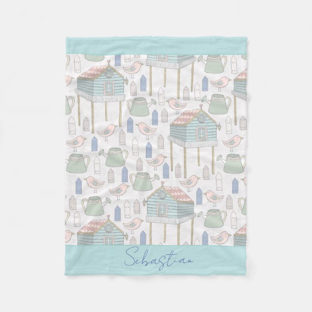 Manta Polar Nursery Country Verde azulada Birds House Pattern (Anverso)