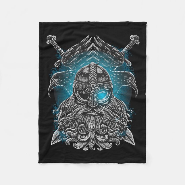 Manta Polar Odin con cuervos y espadas Viking Mythology azul (Anverso)