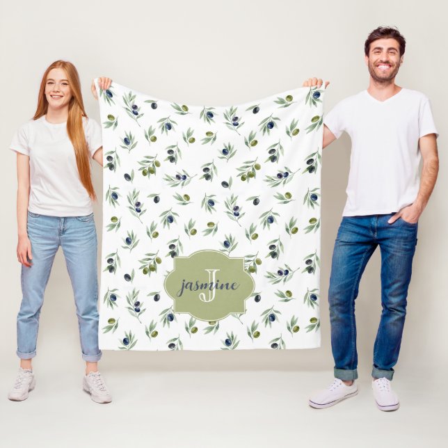 Manta Polar Olive Green Monogram Name Watercolor Chic Pattern (In situ)