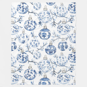 Manta Polar Ornamentos de Navidad Floral de Moda Blanca Azul