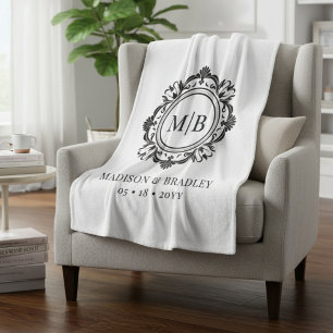 Manta Polar Ornate Floral Monograma Boda Elegante Blanco Negro
