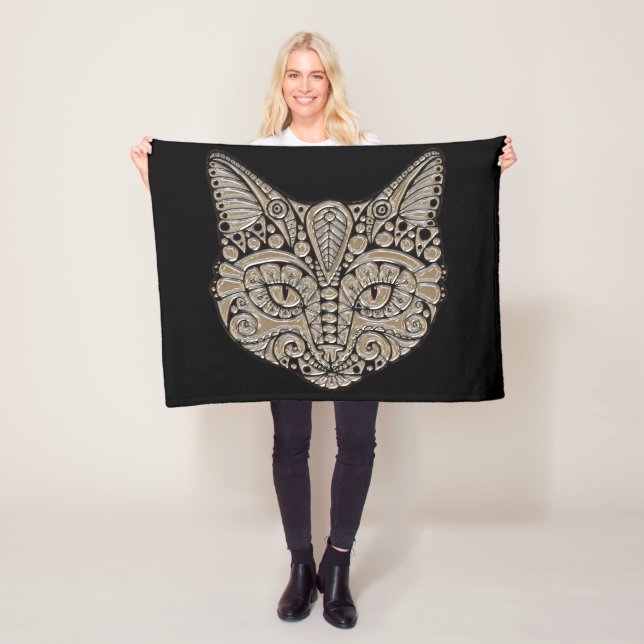 Manta Polar Oro Art Déco y gato negro de estilo egipcio (In situ)