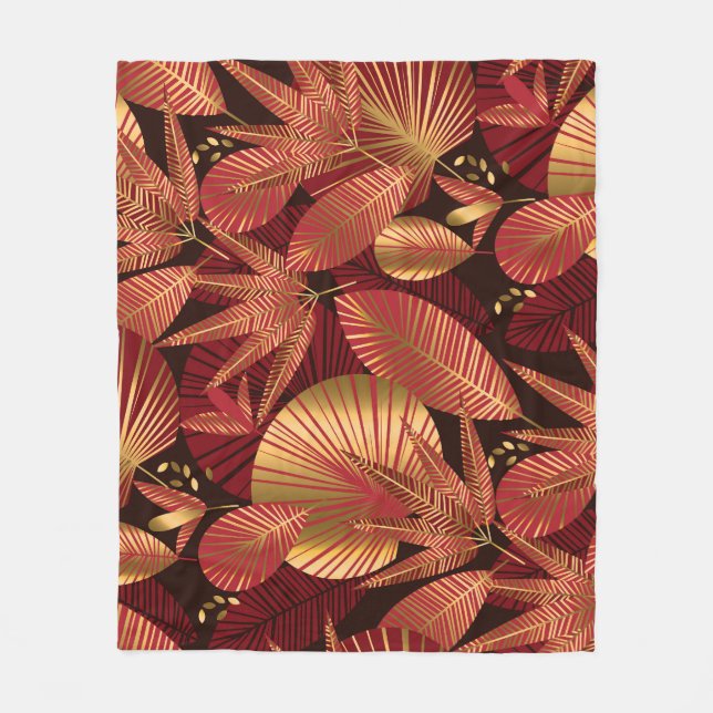 Manta Polar Oro Rojo, Patrón Geométrico Tropical. (Anverso)