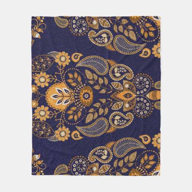 Manta Polar Oro y azul, floral sin costuras. (Anverso)