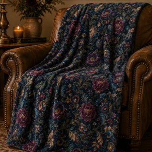 Manta Polar Oscuro Floral Vintage Crewel Botánico Elegante