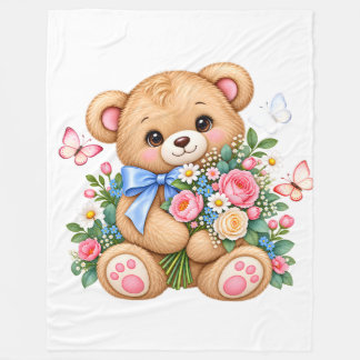 Manta Polar Osito de felpa en acuarela con flores Clipart |