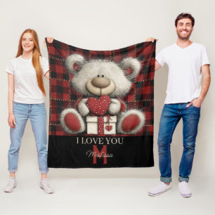 Manta Polar Oso de Cuadro Rojo Te Amo Nombre Personalizado Mon