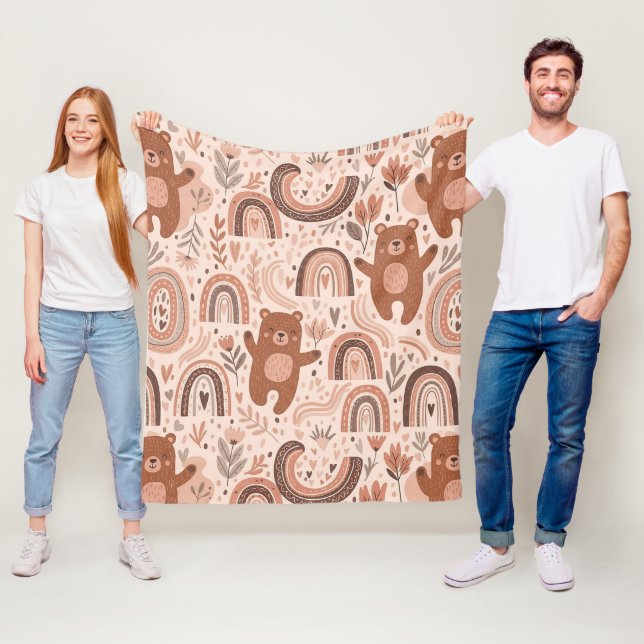 Manta Polar Oso de peluche boho arcoíris marrón beige rubor (In situ)