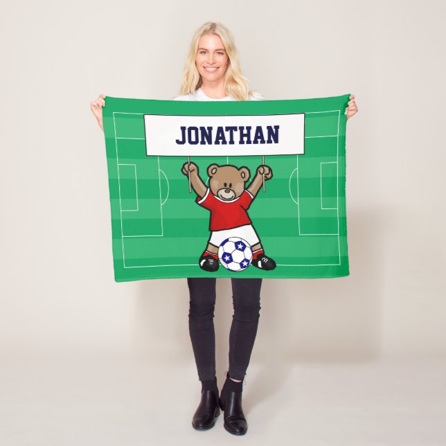 Manta Polar Oso de peluche de fútbol personalizado (rojo) (In situ)