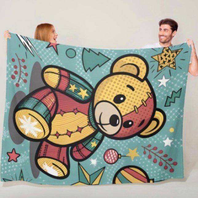 Manta Polar Oso de peluche navideño de patchwork caprichoso (Fleece  blanket - soft and colourful available  in 3 different sizes.)