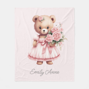 Manta Polar Oso de peluche rosa lindo Flores Nombre del niño