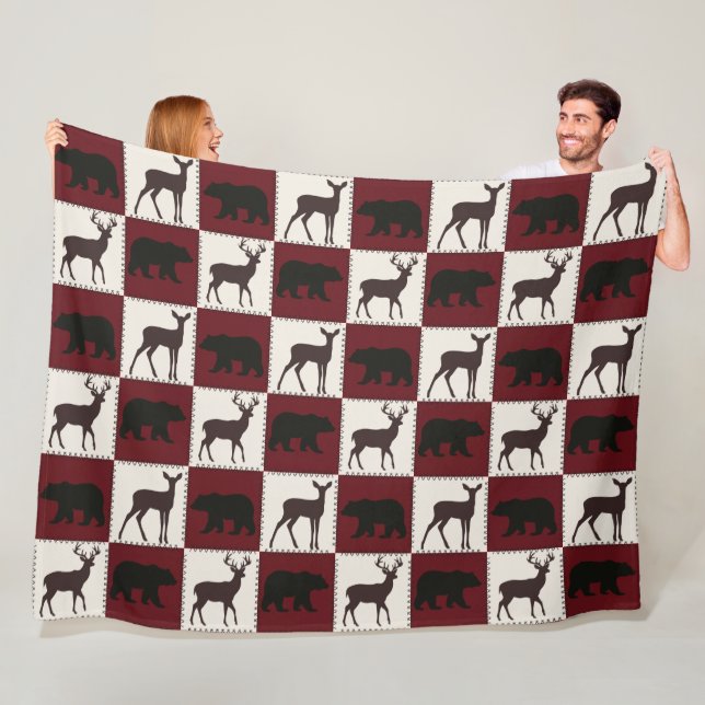 Manta Polar Oso y ciervo rústicos, plazas rojas y crema oscura (In situ)