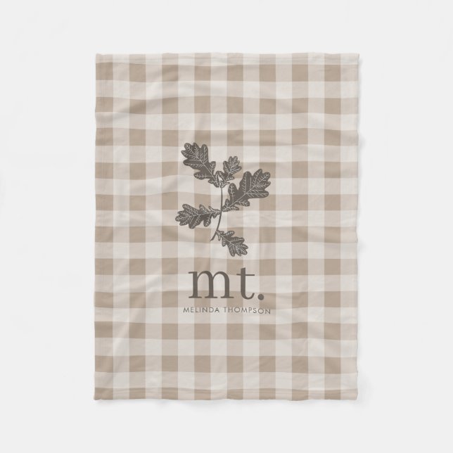 Manta Polar Otoño Taupe Plaid Foliage Monograma Iniciales (Anverso)