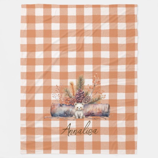 Manta Polar Otoño Woodland Bear Rustic Gingham Personalizado (Anverso)