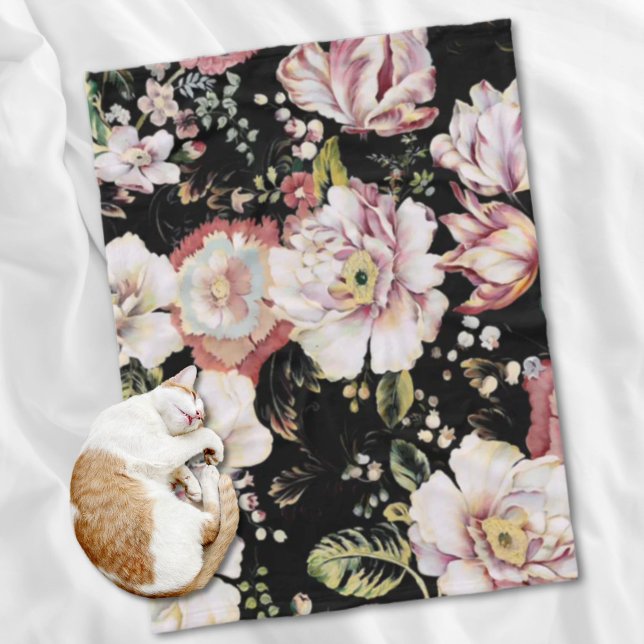 Manta Polar País bohemio perrito moda femenina floral negra (Preppy bohemian country girly chic black floral fleece blanket)