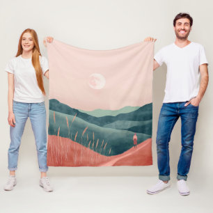 Manta Polar Paisaje de montaña boho luna rosa teal