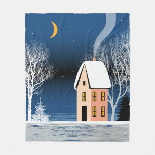 Manta Polar Paisaje nocturno de invierno. Casa acogedora, arbo
