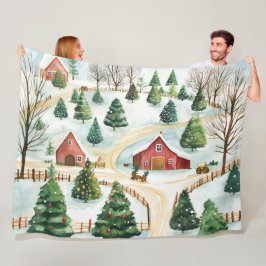 Manta Polar Paisaje rústico de invierno acuarela con árboles f